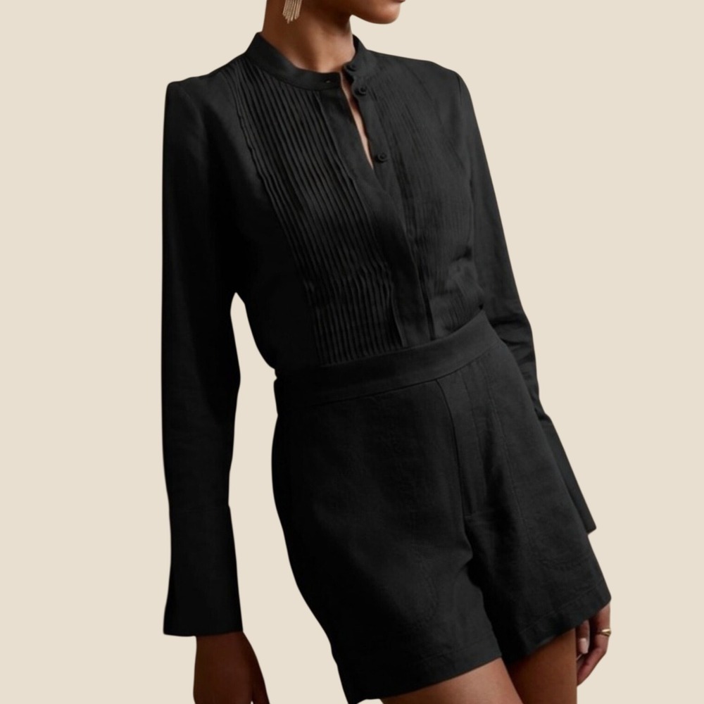 Banana Republic Factory Black Linen-Blend Tuxedo Shirt, Small, Minimalist Casual